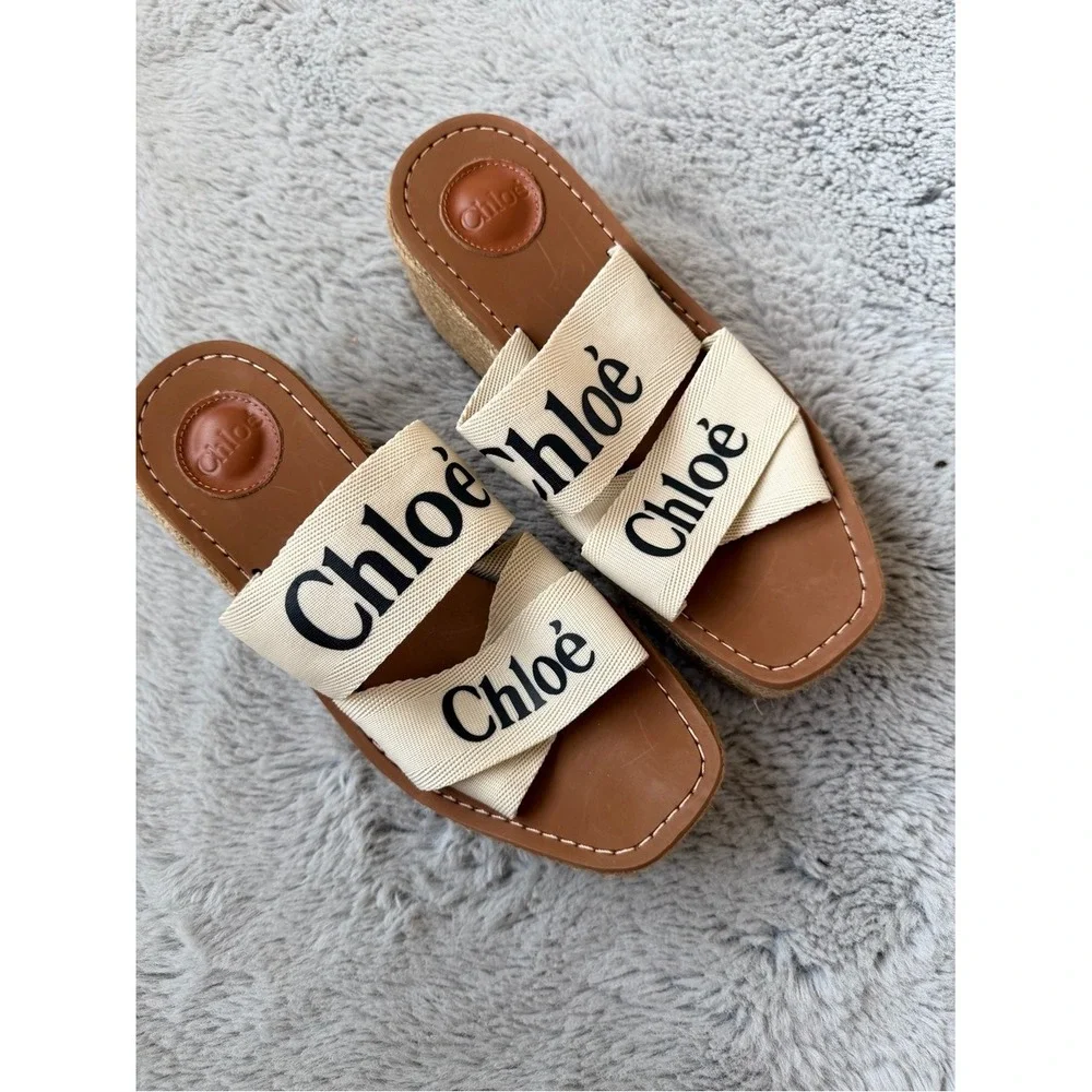 CHLOÉ Woody Logo Platform Slide Sandals Womens EU 39 Ivory‎ Canvas Espadrille
